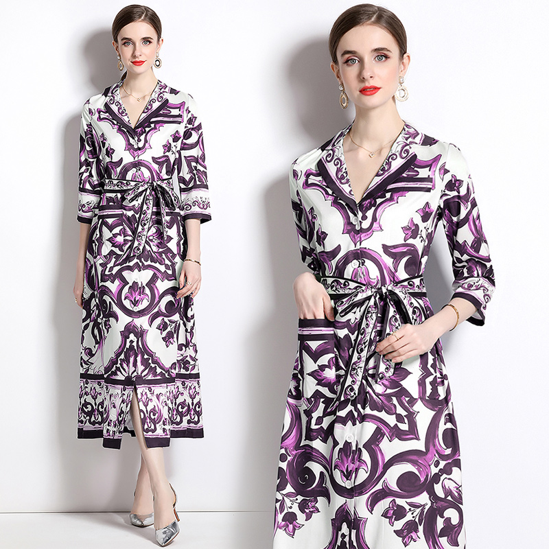 MY14904# 新增色欧美时尚印花宽松版口袋中袖西装领衬衣长裙女裝貨源服裝批發