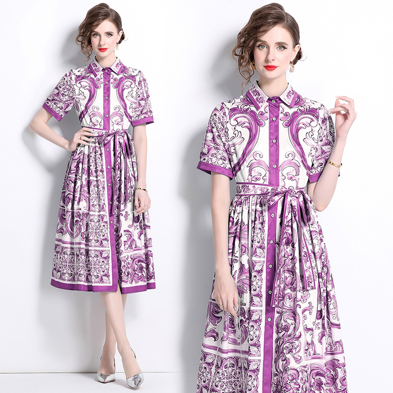 MY14902# 新增色时尚百搭收腰紫花瓷印花短袖单排扣开衫连衣裙女裝貨源服裝批發
