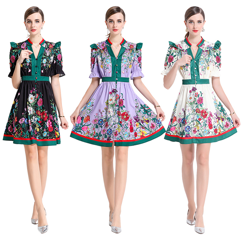 MY14900# 时尚复古V领喇叭短袖开衫多扣印花连衣裙女裝貨源服裝批發