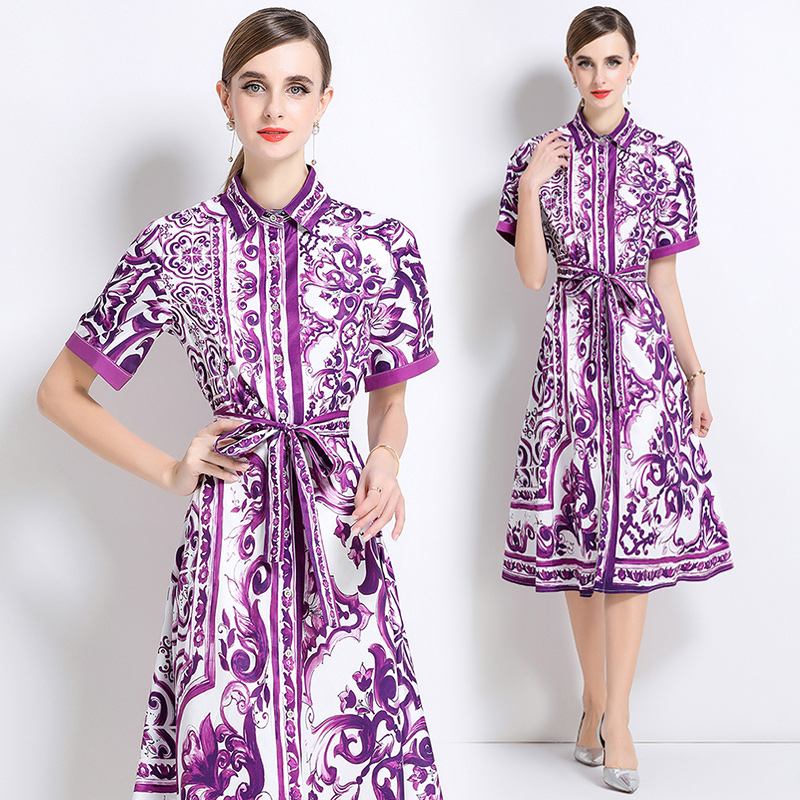 MY14899# 欧美时尚百显瘦印花开衫短袖连衣裙配腰带女裝貨源服裝批發