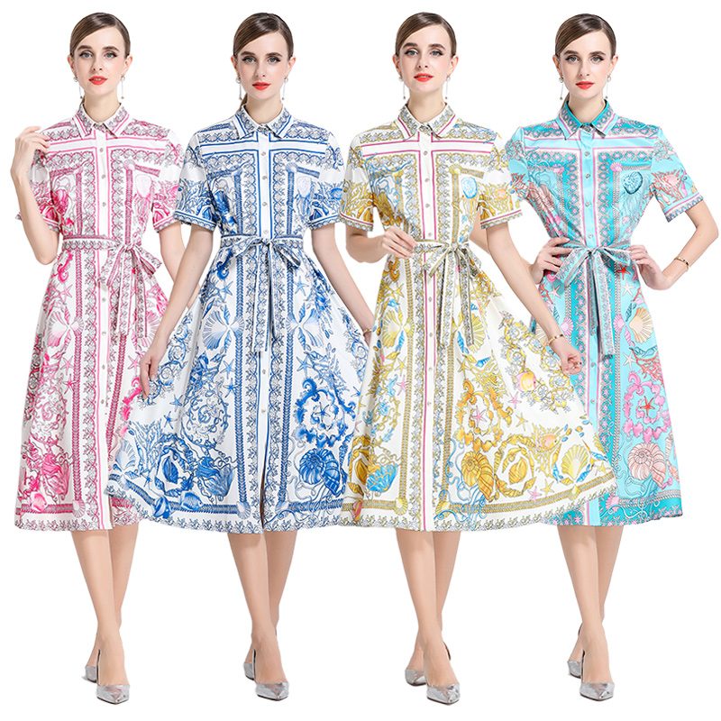 MY14898# 欧美时尚百显瘦印花开衫短袖连衣裙配腰带女裝貨源服裝批發