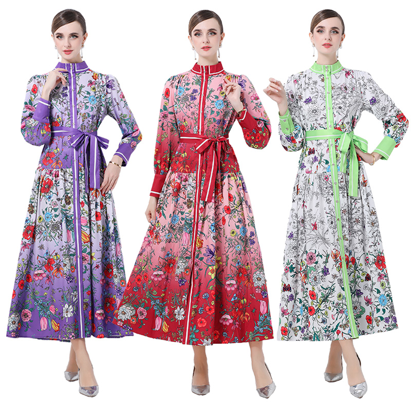 MY14894# 欧美时尚宫廷风立领单排扣印花连衣裙女裝貨源服裝批發