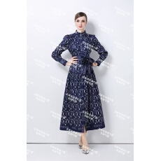 批发实拍-欧美时尚宫廷风立领单排扣印花连衣裙