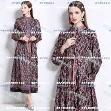 批发实拍-欧美时尚<b class='q'>宫廷</b>风立领单排扣印花<b class='q'>连衣裙</b>