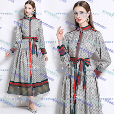 批发实拍-欧美时尚<b class='q'>宫廷</b>风立领单排扣印花<b class='q'>连衣裙</b>