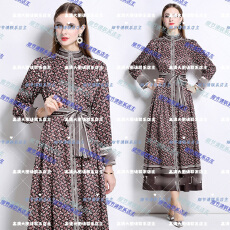 批发实拍-欧美时尚<b class='q'>宫廷</b>风立领单排扣印花<b class='q'>连衣裙</b>