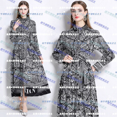 批发实拍-欧美时尚<b class='q'>宫廷</b>风立领单排扣印花<b class='q'>连衣裙</b>