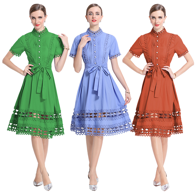 RY70159# 实拍-欧美时尚宫廷风小立领拼接花边连衣裙