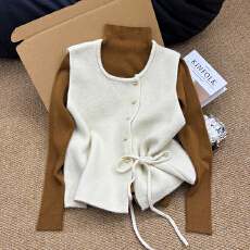 批发韩系简约系带马甲复古慵懒风上衣针织衫<b class='q'>春</b>秋季纯色叠穿两件套毛衣