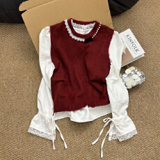 批发十三行2026<b class='q'>春</b>秋新款毛衣马甲衬衫套装蝴蝶结珍珠领纯色叠穿上衣女