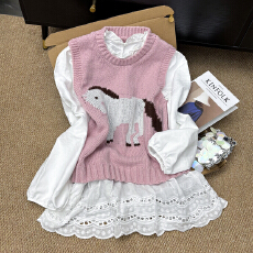 批发韩系粉色小木马毛衣背心白色镂空木耳边衬衫两件套<b class='q'>春</b>秋新款上衣女
