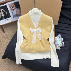 批发韩系温柔蕾丝蝴蝶结马甲长袖针织衫毛衣两件套2026春秋叠穿上衣女