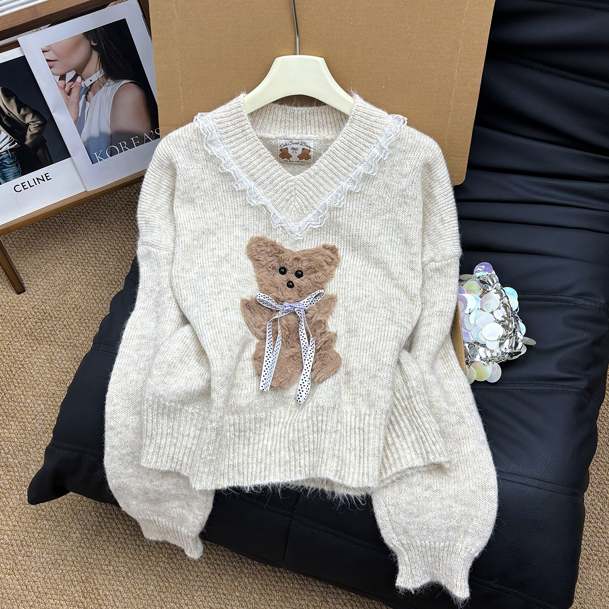 MY15044# 韩系可爱温柔软糯绑带小熊套头毛衣新款叠穿针织衫上衣女女裝貨源服裝批發