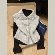 批发秋冬保暖减龄显瘦长袖针织衫韩系洋气叠穿无袖马甲毛衣两件套上衣