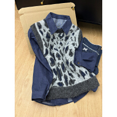 批发十三行欧货2026早春豹纹针织马甲背心女<b class='q'>牛仔</b><b class='q'>衬衫</b>叠穿上衣两件套装