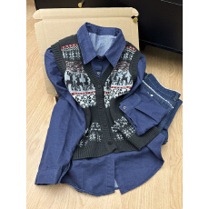 批发两件套蓝色<b class='q'>牛仔</b><b class='q'>衬衫</b>叠穿针织开衫毛衣马甲背心女设计感宽松慵懒风