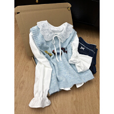 批发卡通小狗针织马甲<b class='q'>娃娃领</b><b class='q'>衬衫</b>两件套2026早春新款优雅减龄叠穿套装