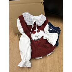 批发韩系小狗刺绣毛衣马甲衬衫两件套2026早春元旦红可爱减龄叠穿套装