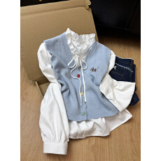 批发学院风彩虹小马刺绣针织马甲衬衫两件套2026早春新款可爱叠穿衬衫