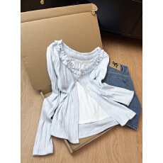 批发韩系简约木耳边提花针织蕾丝假两件长袖上衣T恤2026春<b class='q'>开衫</b>上衣女