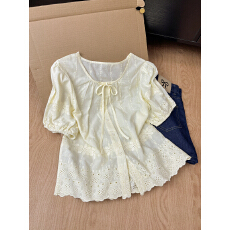 批发法式<b class='q'>蕾丝</b>镂空棉麻短袖衬衫女2026夏季新款高级感泡泡袖<b class='q'>娃娃衫</b>上衣