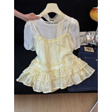 批发2026年夏季新款法式泡泡袖T恤<b class='q'>波点</b>纱木耳边背心两件套叠穿<b class='q'>衬衫</b>女