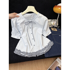 批发法式甜美风<b class='q'>格子</b>木耳边拼接泡泡袖<b class='q'>衬衫</b>女蝴蝶结娃娃衫设计感上衣