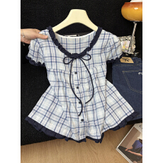 韩系甜美格子短袖衬衫女2026夏季新款小清新减龄气质百搭上衣小衫