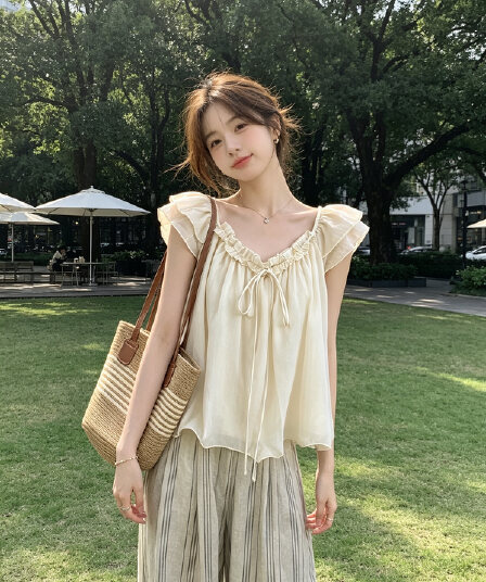 달콤함 품격 3 차원 꽃 프릴 작은 날다 소매 여성 셔츠 한국 스타일 패션 고급 센스 슬림해 보이는 다용도 맨위