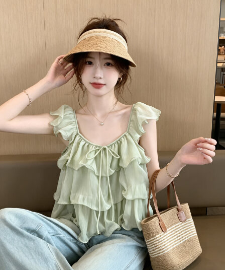 부드러운 달콤한 스타일 u 칼라 프릴 여성 셔츠 프랑스식 순수한 욕망 품격 루즈핏 슬림해 보이는 다용도 작은 날다 소매 맨위