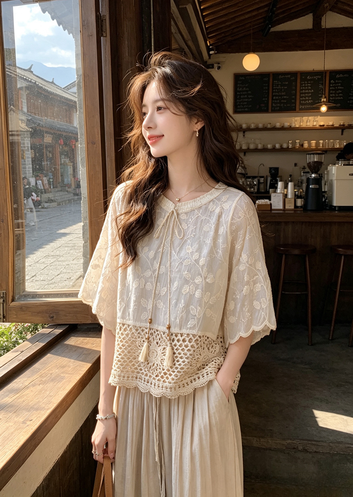 2026 여름 새로운 보헤미안 바람 자수 레이스 맨위 V넥 레이스업 술 휴가 바람 블라우스 작은 셔츠