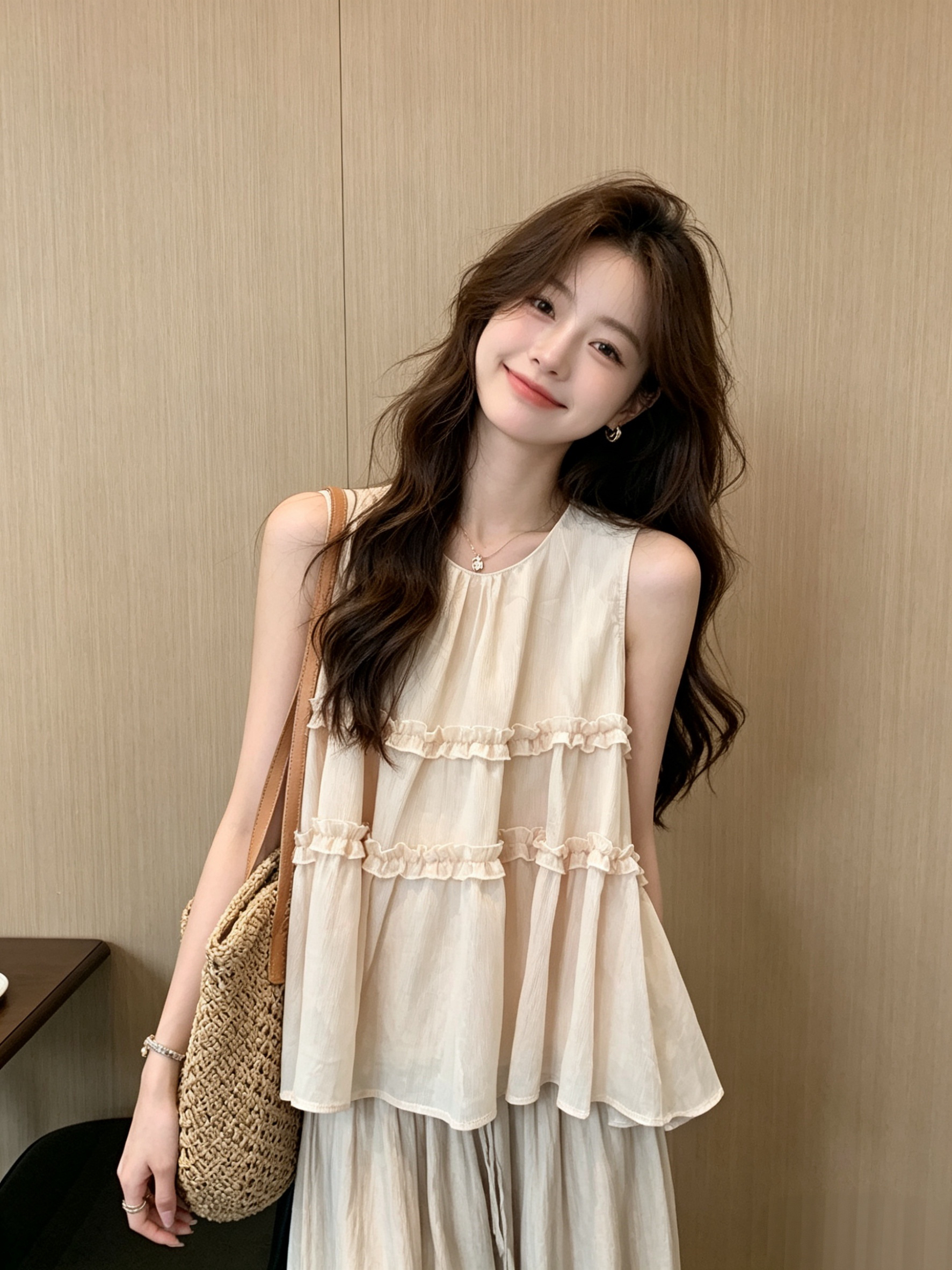 프랑스식 패치워크 프릴 조끼 여성 셔츠 2026 여름 새로운 루즈핏 민소매 외국 가스 인형 셔츠 맨위