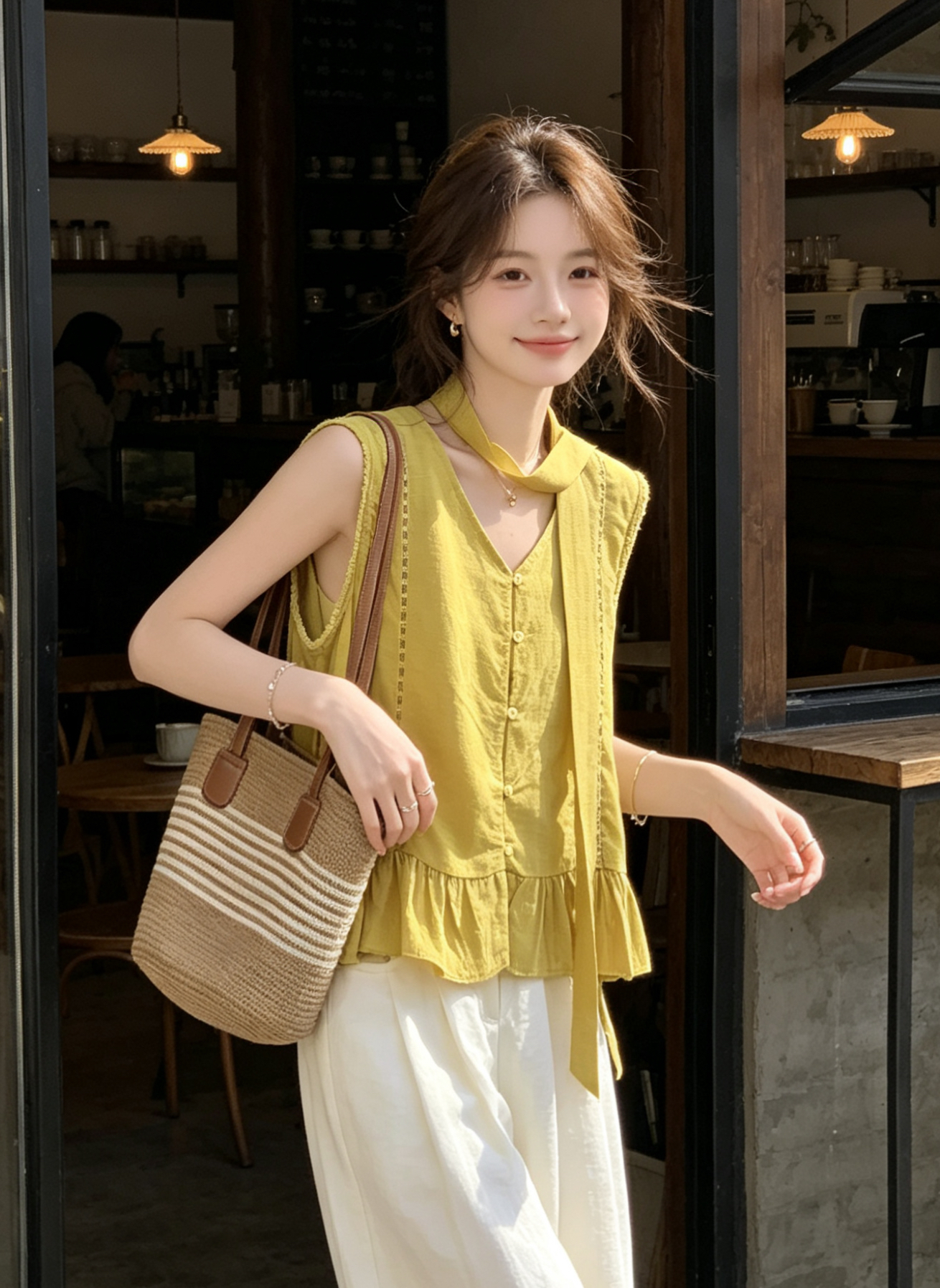 한 부서 달콤한 스타일 V넥 리본 민소매 여성 셔츠 2026 년 여름 프릴 디자인 센스 싱글 줄 버튼 맨위