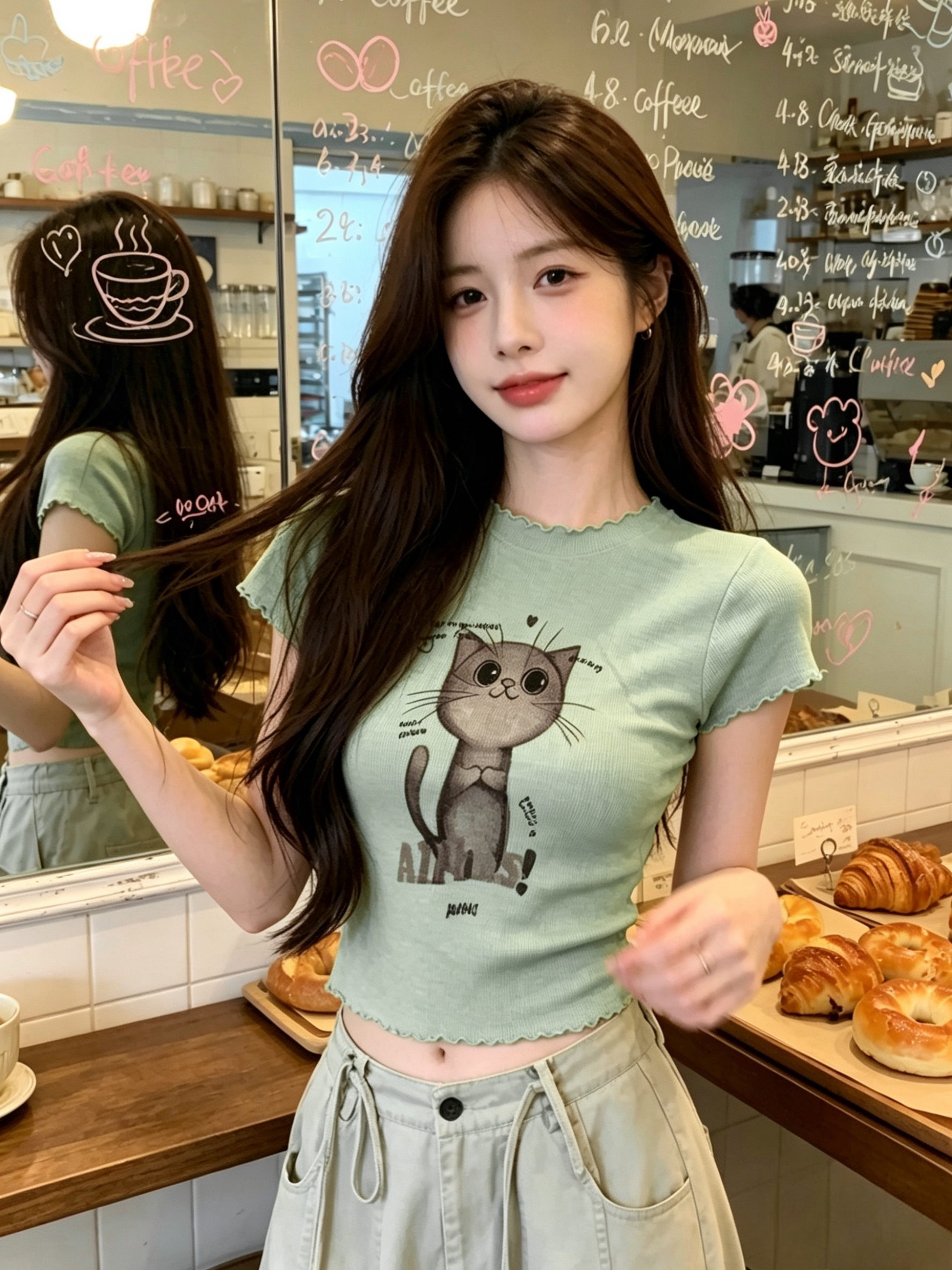 세련된 핫걸 새끼 고양이 프린트 몸매 가꾸기 프릴 쇼트 스타일 티셔츠 2026 여름 새로운 부드러운 맨위 니트 스웨터
