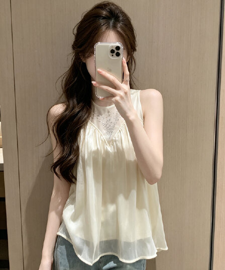 프랑스식 디자인 센스 핫픽스 망사 연결 싸움 새틴 조끼 슬립 여름 새로운 순수한 욕망 광택 주름 맨위
