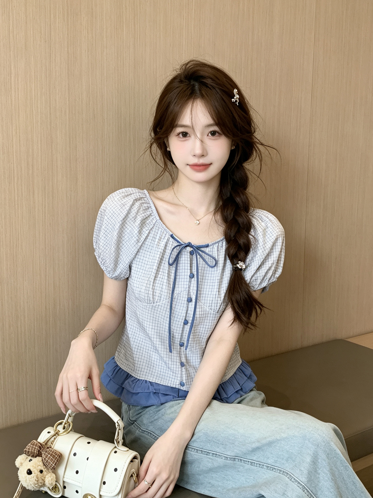 달콤함 활력 바람 체크무늬 반팔 셔츠 2026 여름 오프숄더 둘 착용 나비 넥타이 작은 셔츠 맨위 여성
