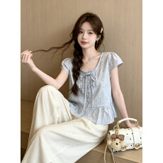 批发韩系木耳花边短袖<b class='q'>衬衫</b>女2026夏季新款<b class='q'>蝴蝶结</b>显瘦气质百搭甜美上衣