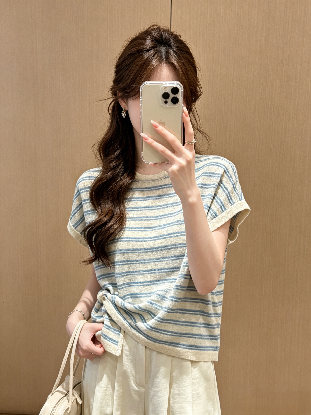 한 부서 미니멀리즘 딸기 분말 대나무 마디 마 티셔츠 달콤함 밑단 트임 스트라이프 작은 디자인 맨위 루즈핏 캐주얼 여성