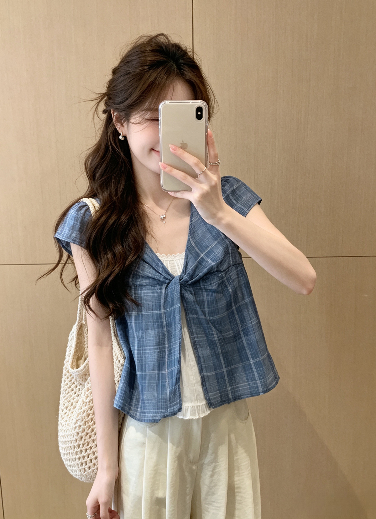 문예 바람 체크무늬 비틀림 페이크 레이어드 여성 셔츠 여름 새로운 고유 한 Chic 외국 가스 연령 감소 인형 셔츠 맨위