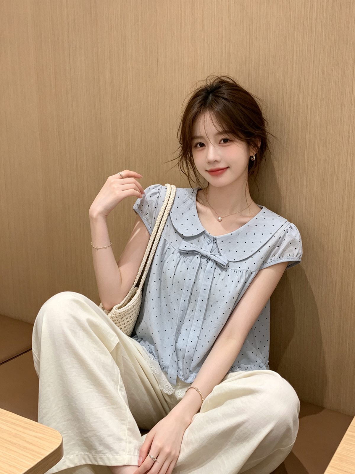 한 부서 도트 무늬 프릴 레이스 패치워크 베이비 칼라 반팔 셔츠 2026 여름 나비 넥타이 맨위 여성