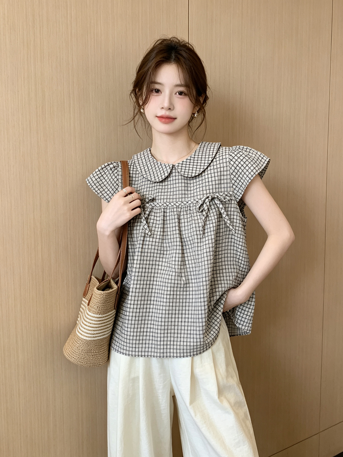 베이비 칼라 체크무늬 스트랩 반팔 여성 셔츠 여름 루즈핏 캐주얼 슬림해 보이는 레트로 인형 셔츠 티셔츠