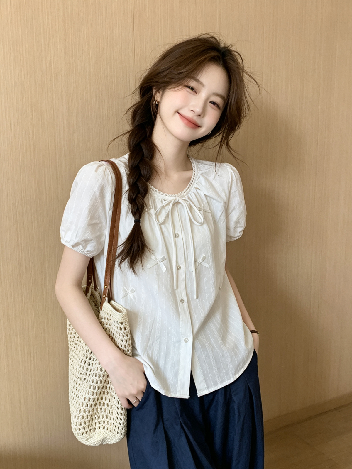 한 부서 미니멀리즘 자카드 레이스 레이스 나비 매듭 반팔 셔츠 2026 여름 새로운 문예 바람 루즈핏 맨위