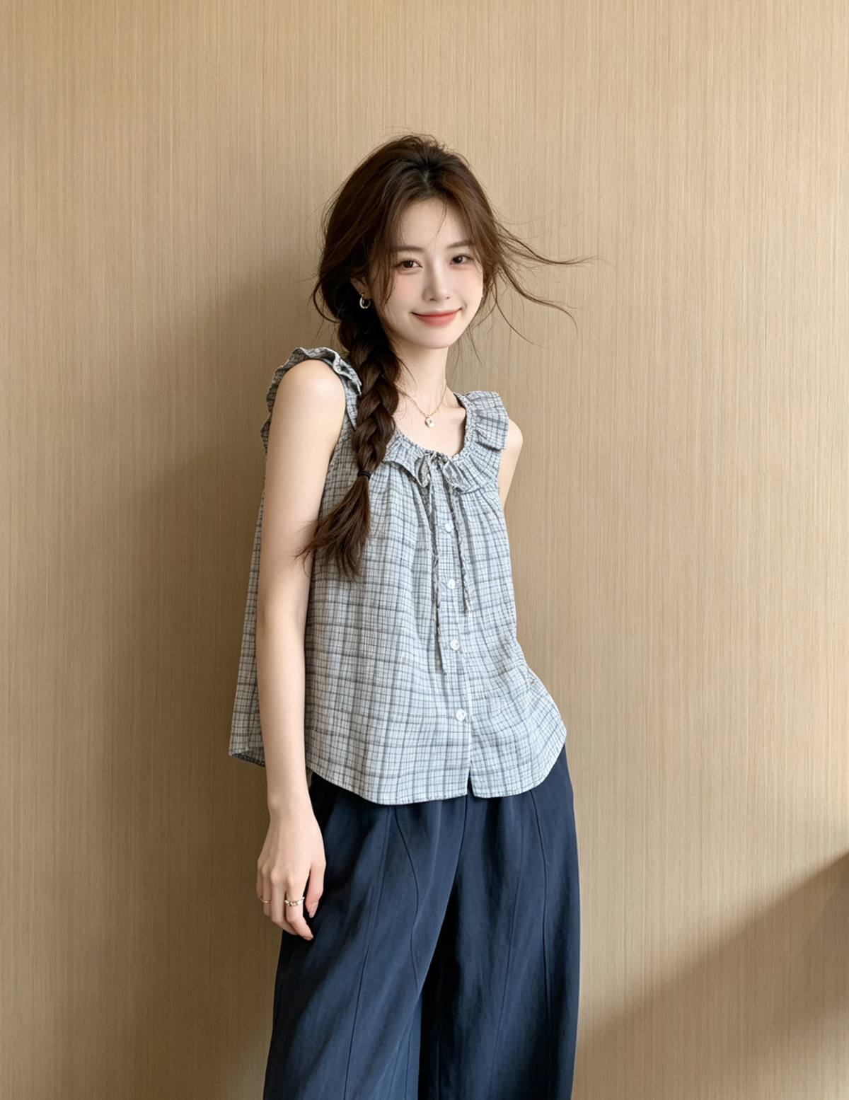 일본과 한국 부서 체크무늬 프릴 캐미솔 2026 여름 새로운 캐주얼 외국 가스 달콤한 핫걸 쇼트 스타일 맨위