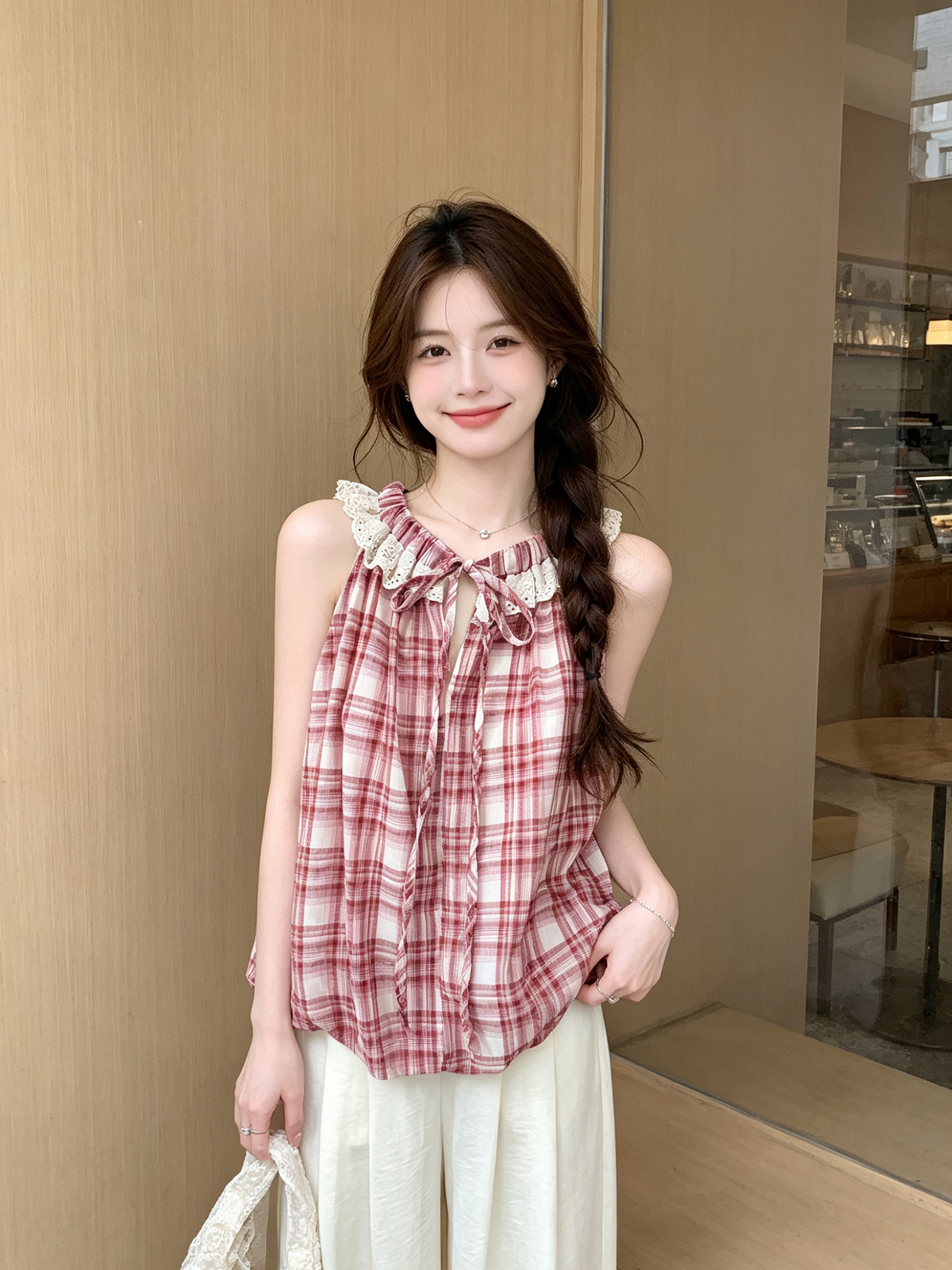 센 부서 문예 레트로 체크무늬 레이스 행침 목 조끼 2026 여름 밴딩 펌프 로프 전후 둘 착용 민소매 셔츠