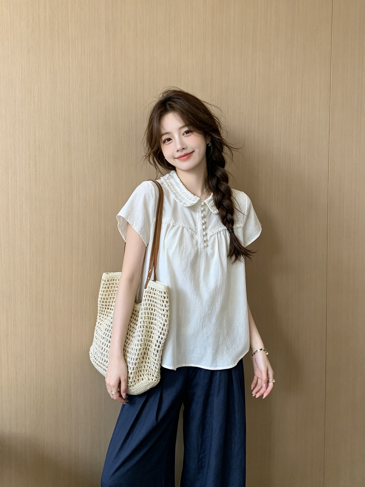 문예 바람 자카드 레이스 베이비 칼라 반팔 셔츠 2026 여름 새로운 학원 스타일 루즈핏 슬림해 보이는 맨위 여성