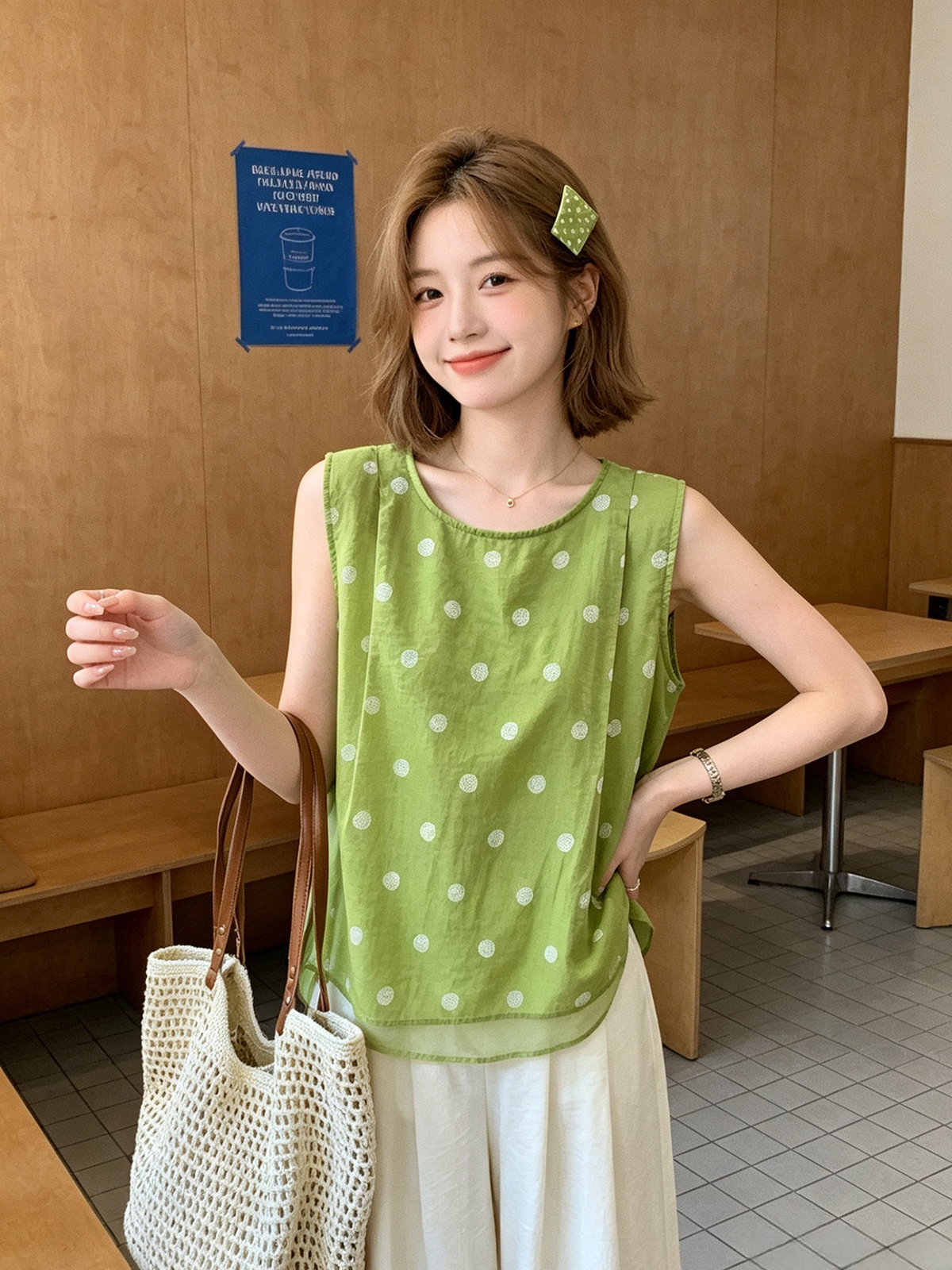 한 부서 미니멀리즘 프린트 민소매 페이크 레이어드 셔츠 2026 여름 새로운 루즈핏 슬림해 보이는 조끼 맨위 작은 셔츠 여성