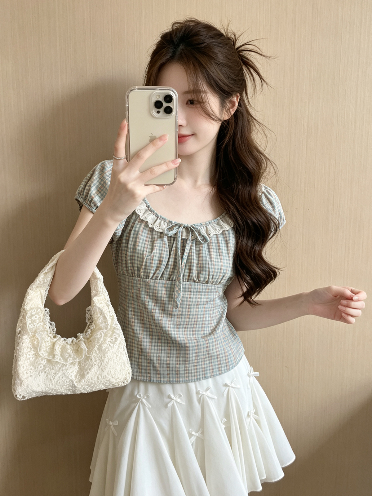 한 부서 품격 연령 감소 레트로 체크무늬 티셔츠 여성 여름 새로운 레이스 거품 소매 광장 칼라 반팔 달콤함 맨위