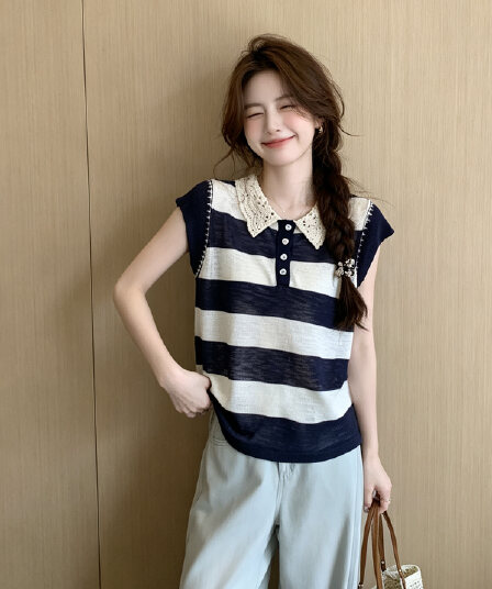 한국 스타일 오래된 돈 바람 여름 새로운 레이스 베이비 칼라 루즈핏 캐주얼 Feifei 소매 베스트 니트 티셔츠 여성 셔츠