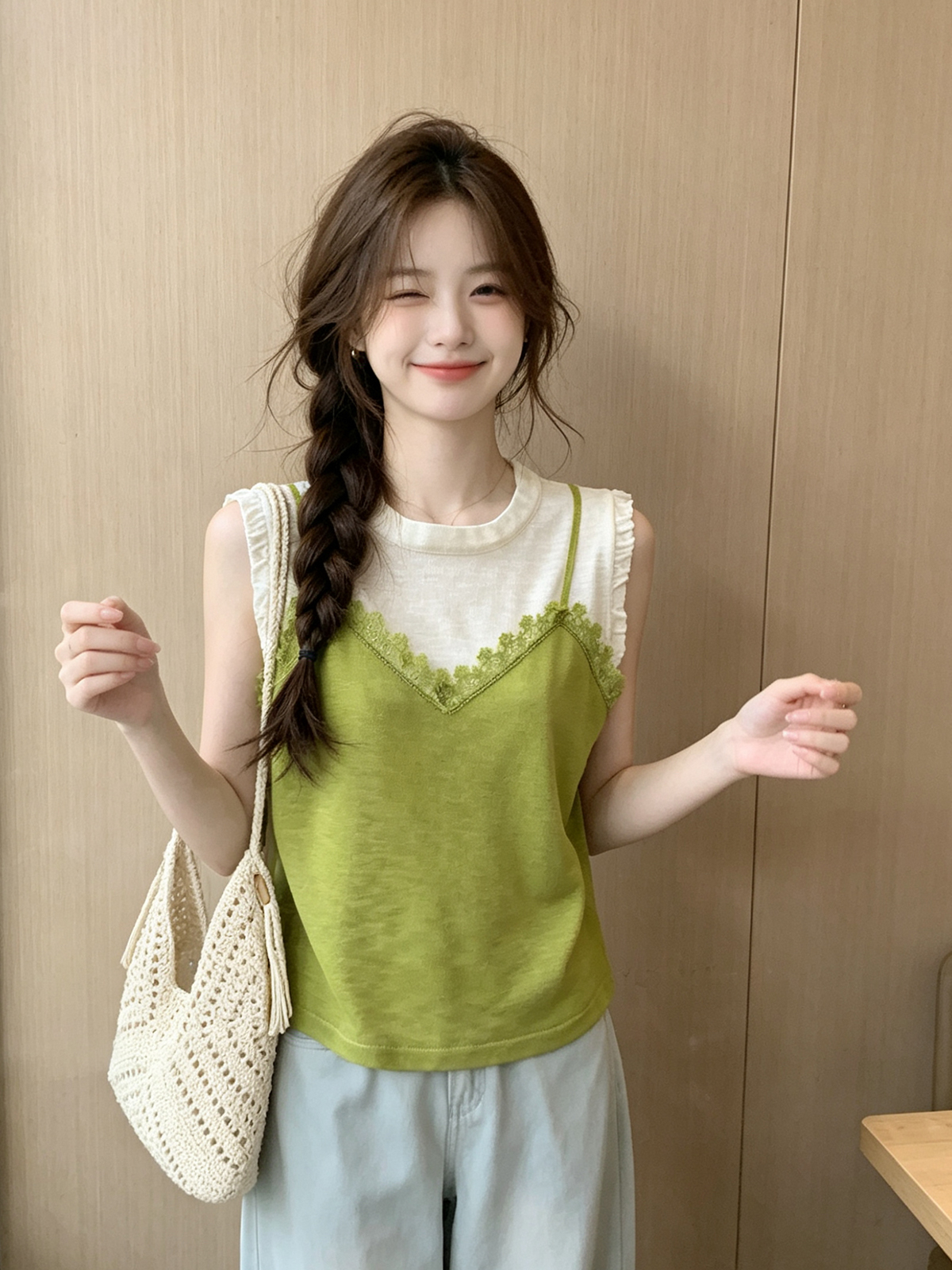 고급 센스 패치워크 색상 레이스 민소매 티셔츠 여성 여름 얇은 스타일 2026 새로운 페이크 레이어드 맨위 패션 외국 가스
