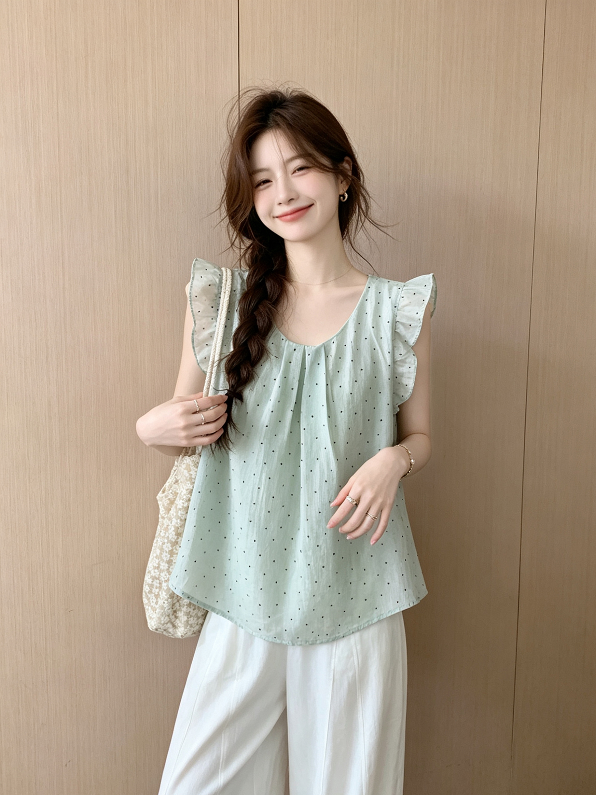 프랑스식 프릴 작은 날다 소매 도트 무늬 민소매 셔츠 2026 여름 새로운 달콤함 연령 감소 표지 배 인형 셔츠 여성